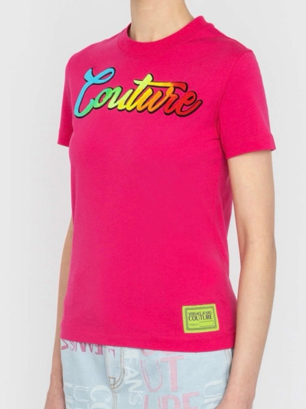 Versace Jeans Couture Fuchsia Rainbow Script Logo Tee Shirt